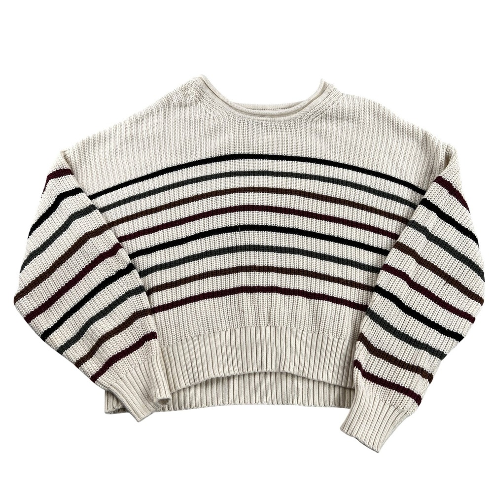 Gap Chunky Knit Striped Sweater L Cream Women Crewneck Pullover Ribbed Boxy Cozy